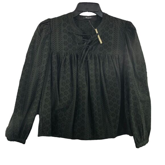 Madewell Peasant Top Eyelet Black Long Bubble Sleeve XS Boho Oversized - Picture 1 of 9